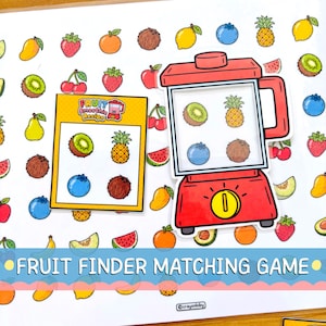 May include: A Fruit Finder Matching Game featuring a red blender graphic and a yellow recipe card with illustrations of a kiwi, pineapple, blueberry, and coconut. The background is covered in various colourful fruit icons including strawberries, mangoes, and cherries.