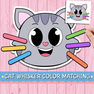 Könnte beinhalten: Ein graues Katzen-Gesicht mit großen schwarzen Augen, einer rosa Nase und einem lächelnden Mund. Das Bild enthält farbige Schnurrhaare in Pink, Gelb, Blau, Grün, Lila und Orange. Der Text unten lautet "CAT WHISKER COLOR MATCHING."