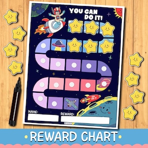 May include: A space-themed reward chart with a dark blue background, featuring a rocket ship, a smiling moon, and a path of colorful squares. The text reads YOU CAN DO IT, NAME, and REWARD. Includes a black marker and several yellow star stickers.