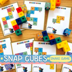 Könnte beinhalten: Ein Set aus pädagogischen Aktivitätskarten mit dem Titel Snake Cube, die bunte Illustrationen von Schlangenköpfen und Körpern aus ineinandergreifenden Kunststoffblöcken zeigen. Die Karten enthalten einen Count It-Bereich mit einer schwarzen Katze.
