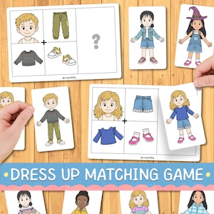 Pode incluir: Um jogo de correspondência de vestir com cartas ilustradas com personagens de desenhos animados e vários itens de vestuário como camisas, calças, calções e sapatos. As cartas incluem grelhas com sinais de mais e pontos de interrogação.