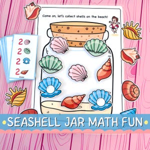 May include: A colorful educational game featuring a jar filled with various seashell illustrations. The text "Come on, let's collect shells on the beach!" is displayed above the jar. The phrase "SEASHELL JAR MATH FUN" is at the bottom. Includes number cards with seashell images.