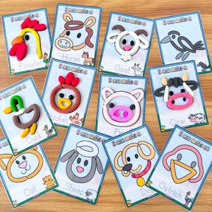 Puede incluir: Un conjunto de tarjetas con creaciones de animales de arcilla. Cada tarjeta presenta un animal de granja diferente, como un gallo, un caballo, una cabra, un pato, una gallina, un cerdo, una vaca, un gato, una oveja, un perro y un avestruz. El texto "I can make a" est&aacute; en la parte superior de cada tarjeta.