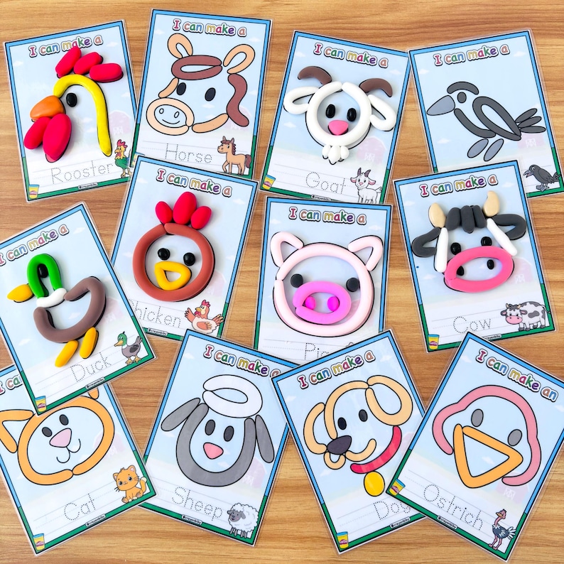 Puede incluir: Un conjunto de tarjetas con creaciones de animales de arcilla. Cada tarjeta presenta un animal de granja diferente, como un gallo, un caballo, una cabra, un pato, una gallina, un cerdo, una vaca, un gato, una oveja, un perro y un avestruz. El texto "I can make a" est&aacute; en la parte superior de cada tarjeta.