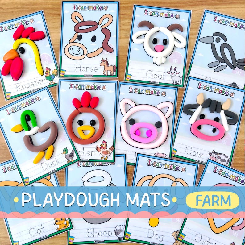 Puede incluir: Un conjunto de tapetes de plastilina con dise&ntilde;os de animales de granja. Cada tapete muestra un dibujo de un animal, como un caballo o una vaca, y una creaci&oacute;n de plastilina correspondiente. Los tapetes est&aacute;n etiquetados con el nombre del animal.