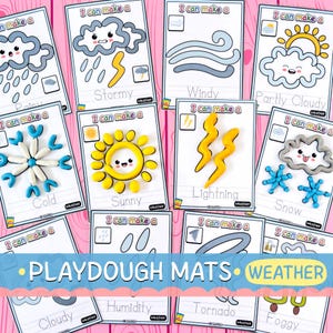 Op de afbeelding: Een verzameling kleimatten met weer-thema's. Elke kaart toont een andere weersomstandigheid, zoals "Zonnig", "Stormachtig" en "Sneeuw", met bijbehorende illustraties en ruimte voor klei-creaties. De tekst "I can make a" staat bovenaan elke kaart.