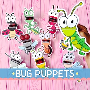Peut inclure: Une collection de marionnettes d'insectes colorées, dont une coccinelle, une sauterelle, une abeille et une fourmi, est présentée sur un fond en bois rose. Les marionnettes ont des traits exagérés et des bouches ouvertes. Le texte "BUG PUPPETS" est affiché en bas.