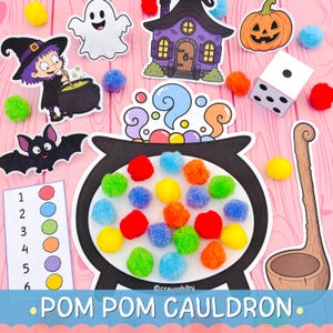 Pode incluir: Um conjunto de atividades com tema de Halloween apresentando um recorte de caldeirão preto preenchido com pompons coloridos, acompanhado por recortes de papel de um fantasma, uma bruxa, uma casa assombrada, uma abóbora, um morcego, uma concha, uma tabela de cores numerada e um dado.