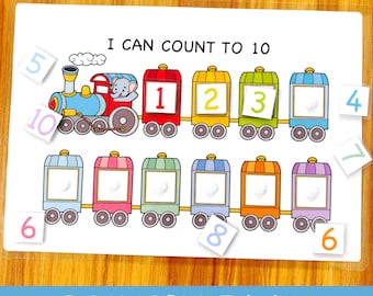 May include: Educational counting game featuring a colorful train with numbered train cars. The text "I CAN COUNT TO 10" is displayed above the train, with additional numbers scattered around. The bottom of the image reads "I CAN COUNT 1-10."