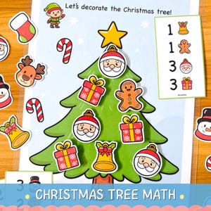 May include: A Christmas-themed educational game featuring a green Christmas tree with various festive stickers, including Santa, gifts, and a gingerbread man. The text "Let's decorate the Christmas tree!" and "CHRISTMAS TREE MATH" are visible.
