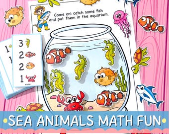 May include: A colorful educational game featuring sea creatures. The image includes a fishbowl, seahorses, clownfish, and a crab. The text reads "SEA ANIMALS MATH FUN" and "Come on! catch some fish and put them in the aquarium."