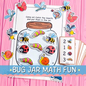 May include: An educational game with insect illustrations. The game includes a jar graphic, insect cutouts, and number cards. The text "Come on! Catch the insects and put them in the jar" is visible. The title "BUG JAR MATH FUN" is also displayed.
