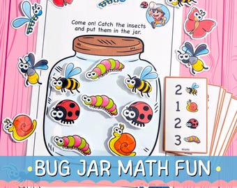 Tarro de insectos imprimible, actividad de conteo y emparejamiento de números para niños pequeños, matemáticas preescolares, tema de insectos