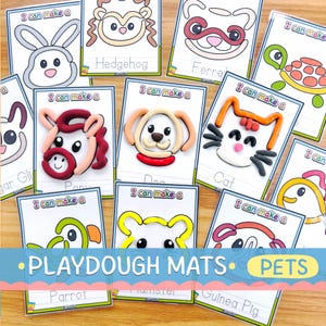 May include: A collection of colorful playdough mats featuring various pets, including a dog, cat, and parrot. Each mat has a line drawing of the animal and the words "I can make a" above the image. The words "Playdough Mats - Pets" are at the bottom.