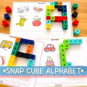 May include: Educational activity sheets featuring the letters A, B, and C constructed from colourful plastic snap cubes. The sheets include illustrations of an aeroplane, ant, alligator, apple, bus, car, and cake, with dotted letter tracing lines.