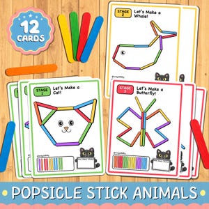 May include: A set of 12 educational cards featuring colorful popsicle stick animal patterns, including a cat, whale, and butterfly. Each card displays a shape outline, a count of sticks, and a black cat illustration with the text Let's Make a.