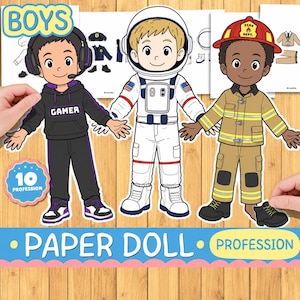 May include: Three paper doll characters featuring a gamer in a black hoodie with headphones, an astronaut in a white suit, and a firefighter in a tan uniform with a red helmet. The set includes the text BOYS, 10 PROFESSION, and PAPER DOLL PROFESSION.