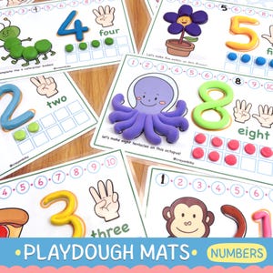 May include: Educational playdough mats displaying numbers 1-8, each with a corresponding playdough shape and illustration. The mats include the number, its word form, and a matching quantity of dots or objects. Designed for learning.
