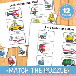 Może przedstawiać: Zestaw 12 edukacyjnych puzzli do dopasowywania z kolorowymi ilustracjami pojazdów, w tym helikoptera, karetki, taksówki, autobusu szkolnego, samolotu, radiowozu, koparki, wozu strażackiego, pociągu dużych prędkości, promu i śmieciarki z napisami.