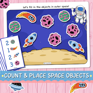 May include: A colorful educational game featuring space-themed illustrations. The game board has a blue background with planets, rockets, and an astronaut. The text "let's fill in the objects in outer space!" is at the top. The game is titled "COUNT & PLACE SPACE OBJECTS."