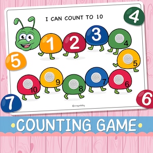 May include: A colorful counting game for children. The image features a caterpillar with numbers 1-10, a green caterpillar head, and the text "I CAN COUNT TO 10" and "COUNTING GAME". The game is designed to help kids learn to count.