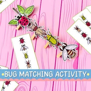 Puede incluir: Una superficie de madera rosa muestra una actividad de emparejamiento de insectos. La imagen presenta insectos ilustrados unidos a pinzas de ropa, junto con tarjetas a juego. El texto "BUG MATCHING ACTIVITY" está en la parte inferior. Los insectos incluyen una mariquita, una abeja y un escarabajo.