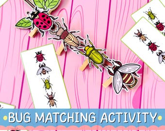 Afdrukbare activiteit voor het matchen van insecten, leerspel insecten voor kinderen, sorteren op kleuterschool en fijne motoriek