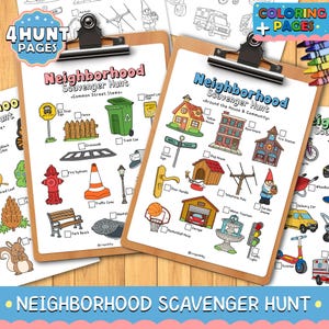 Chasse au trésor dans le quartier à imprimer - Jeu d'activités pour enfants - Feuilles de travail préscolaires en plein air + pages à colorier