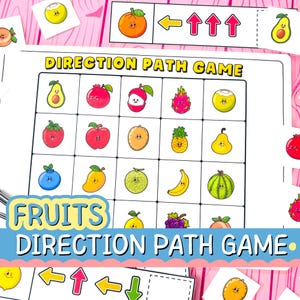 May include: A printable Direction Path Game worksheet featuring a grid of various cartoon fruits with faces. The game includes directional arrows and individual fruit cards. The text reads Direction Path Game and Fruits Direction Path Game.
