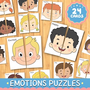 Rompecabezas de emociones para niños, juego de emparejamiento imprimible, tarjetas didácticas de sentimientos para preescolar y aprendizaje socioemocional.