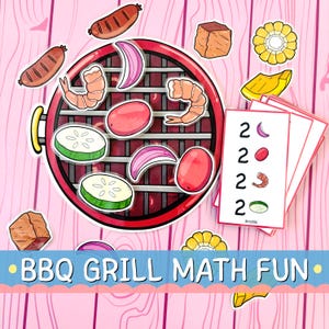 May include: A colorful illustration of a barbecue grill with various food items like sausages, shrimp, and vegetables. The image includes cards with numbers and food illustrations, and the text "BBQ GRILL MATH FUN" on a blue banner.