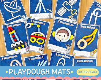Tappetini di pasta modellabile per bambini a tema spaziale, attività motoria fine a tema spaziale, materiale stampabile per l'apprendimento STEM in età prescolare, gioco sensoriale con astronauti e razzi