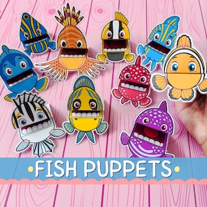 May include: A collection of colorful fish puppets with open mouths, featuring various designs and patterns. The puppets are blue, yellow, orange, red, and purple. The text "FISH PUPPETS" is displayed at the bottom.