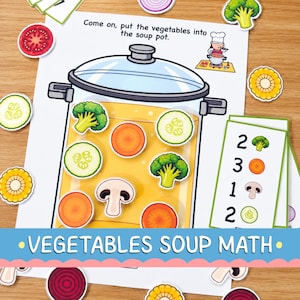 Juego de matemáticas con sopa de verduras / Actividad de conteo para preescolares (Descarga digital)