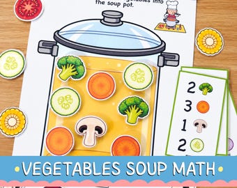 May include: A printable educational activity sheet titled Vegetables Soup Math featuring a large illustrated soup pot with a lid, filled with cutouts of broccoli, carrots, mushrooms, and cucumber slices, alongside a card showing counting tasks.