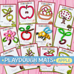 Puede incluir: Una colección de tapetes educativos para plastilina con ilustraciones coloridas y textos como I can make a, que muestran formas como una manzana, una cesta, un árbol, una flor, una abeja y un brote para actividades creativas.
