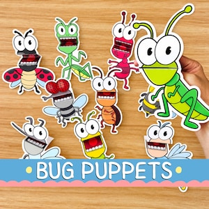 Pode incluir: Uma coleção de marionetas de insetos em estilo cartoon, incluindo uma joaninha, louva-a-deus, formiga, mosca e gafanhoto com olhos grandes e bocas abertas. Os bonecos são coloridos e incluem o texto BUG PUPPETS.