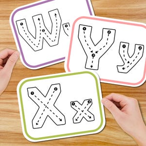 Puede incluir: Tres tarjetas educativas rectangulares que muestran las letras W, X e Y en may&uacute;sculas y min&uacute;sculas. Cada letra incluye contornos negros, c&iacute;rculos numerados y flechas direccionales discontinuas para guiar la secuencia de escritura.