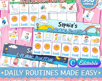 Editable Daily Routine Chart for Kids, Morning Afternoon Evening Schedule, Printable with 360 Labels