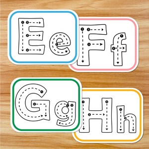 Puede incluir: Cuatro tarjetas educativas rectangulares con las letras Ee, Ff, Gg y Hh. Cada tarjeta tiene un borde de color y muestra letras may&uacute;sculas y min&uacute;sculas con flechas numeradas y l&iacute;neas discontinuas para indicar el orden correcto de trazo.