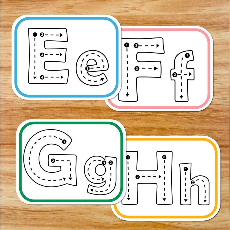 Puede incluir: Cuatro tarjetas educativas rectangulares con las letras Ee, Ff, Gg y Hh. Cada tarjeta tiene un borde de color y muestra letras may&uacute;sculas y min&uacute;sculas con flechas numeradas y l&iacute;neas discontinuas para indicar el orden correcto de trazo.