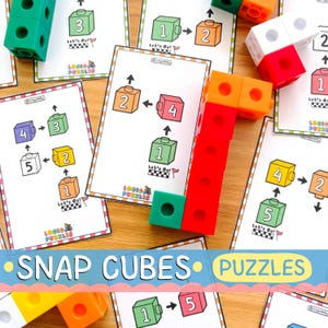 May include: A set of colourful plastic snap cubes arranged in various configurations alongside printed logic puzzle cards. The cards feature numbered cube illustrations with directional arrows and the text Let's Go and Logic Puzzles.