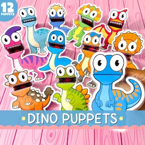 Könnte beinhalten: Eine Sammlung von 12 bunten Dinosaurier-Puppen mit Kulleraugen und offenem Mund. Die Puppen sind in verschiedenen Farben gehalten, darunter Blau, Grün, Orange und Rot. Der Text "DINO PUPPETS" ist unten zu sehen.