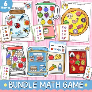 Peut inclure: Un ensemble de six thèmes de jeux de mathématiques colorés. Les thèmes incluent un bocal avec des insectes, un mixeur avec des fruits, une pizza, un chariot de courses avec des légumes, un réfrigérateur et une boîte à lunch. Chaque thème a des cartes numérotées.