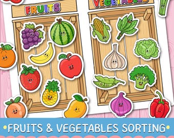 Groenten en fruit sorteren afdrukbaar, Montessori-peuteractiviteit, voorschools leerspel, werkbladen gezonde voeding pdf