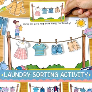 Op de afbeelding: Een werkblad voor het sorteren van wasgoed met een illustratie van een waslijn met een jurk, een gestreept t-shirt, een spijkerbroek en een beige korte broek. De tekst luidt: Come on! Let's help Mom hang the laundry! en Laundry Sorting Activity.