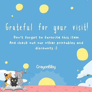 Op de afbeelding: Een digitale kunstprint met een blauwe luchtachtergrond en gele zonnen. De tekst luidt "Grateful for your visit!" met een oproep om het item te favorieten en andere prints te bekijken. Met cartoonkatten en bijen.