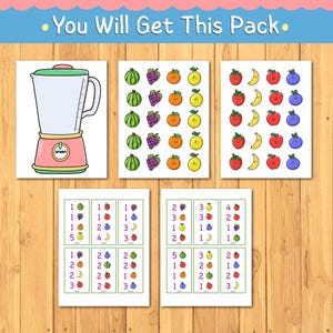 May include: A collection of colorful educational printables featuring a blender, various fruits, and number-matching activities. The text "You Will Get This Pack" is at the top. The blender is pink and white with a green lid. The fruits include watermelon, grapes, oranges, lemons, apples, bananas, and blueberries.