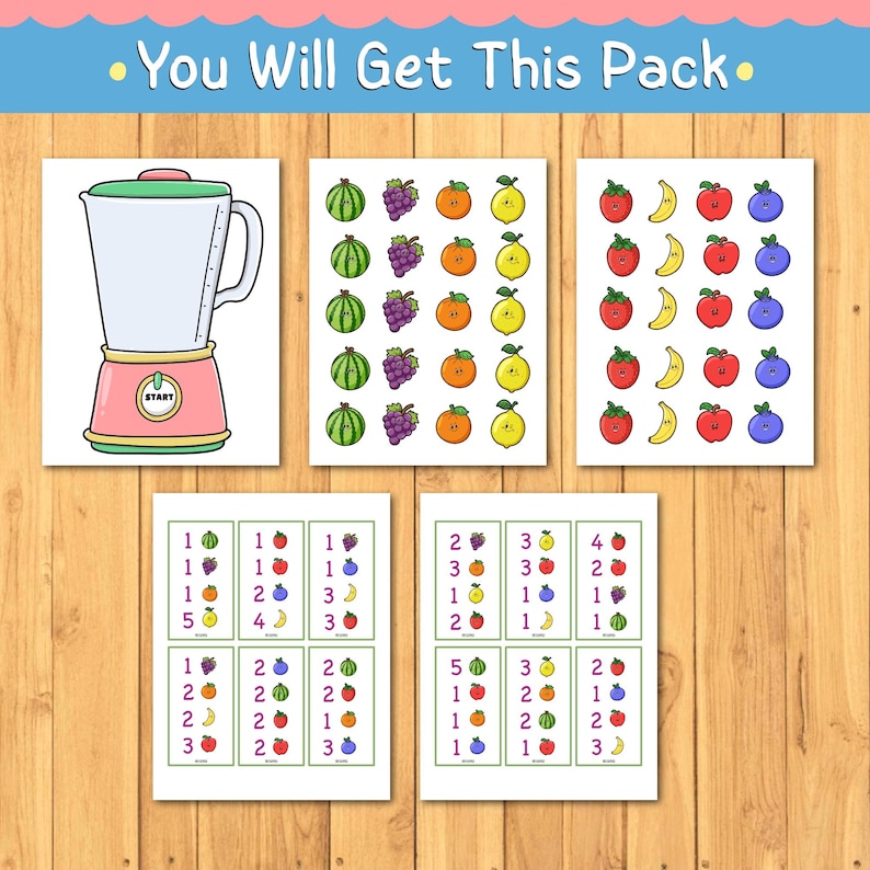 May include: A collection of colorful educational printables featuring a blender, various fruits, and number-matching activities. The text "You Will Get This Pack" is at the top. The blender is pink and white with a green lid. The fruits include watermelon, grapes, oranges, lemons, apples, bananas, and blueberries.