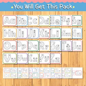 Puede incluir: Un conjunto de tarjetas educativas del alfabeto con letras may&uacute;sculas y min&uacute;sculas que incluyen flechas direccionales para trazar. Las tarjetas est&aacute;n dispuestas en filas, cada una con un borde de color, y el texto "You Will Get This Pack".